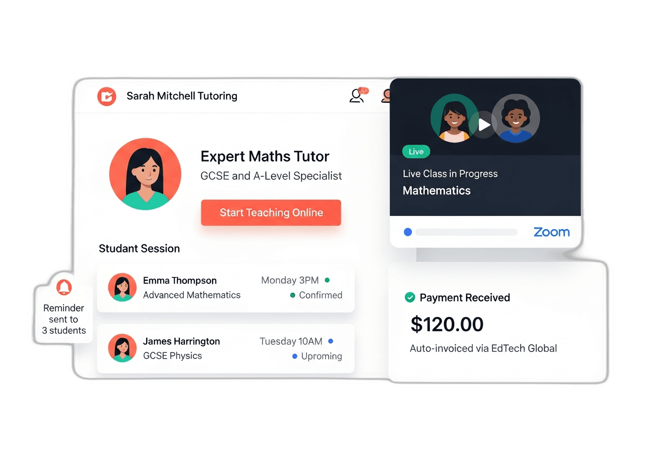 Solo tutor branded portal with live class, automated payment, and student reminders