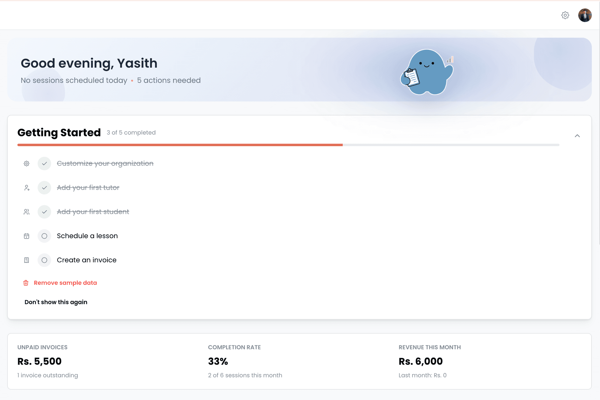 EdTech Global centralized dashboard showing revenue, completion rate, unpaid invoices, and getting started checklist