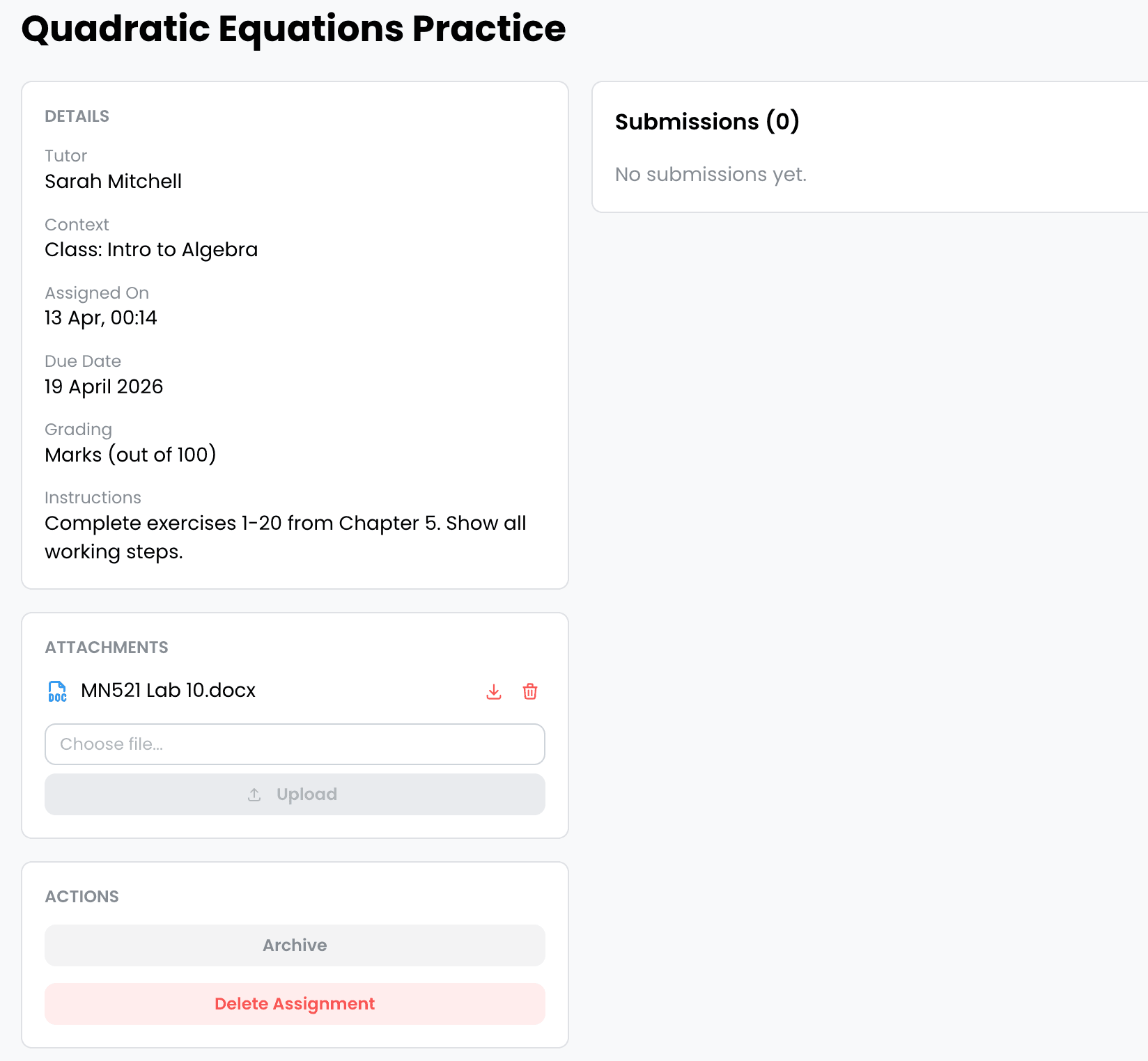 EdTech Global homework page showing Quadratic Equations Practice assignment details