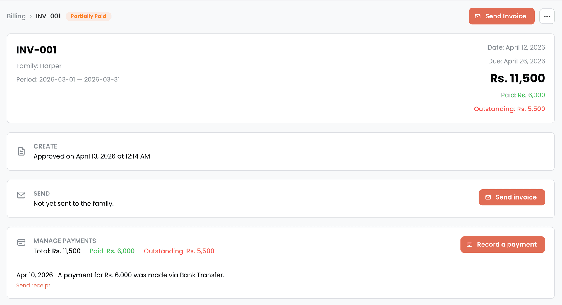 EdTech Global invoice page showing INV-001 with payment status