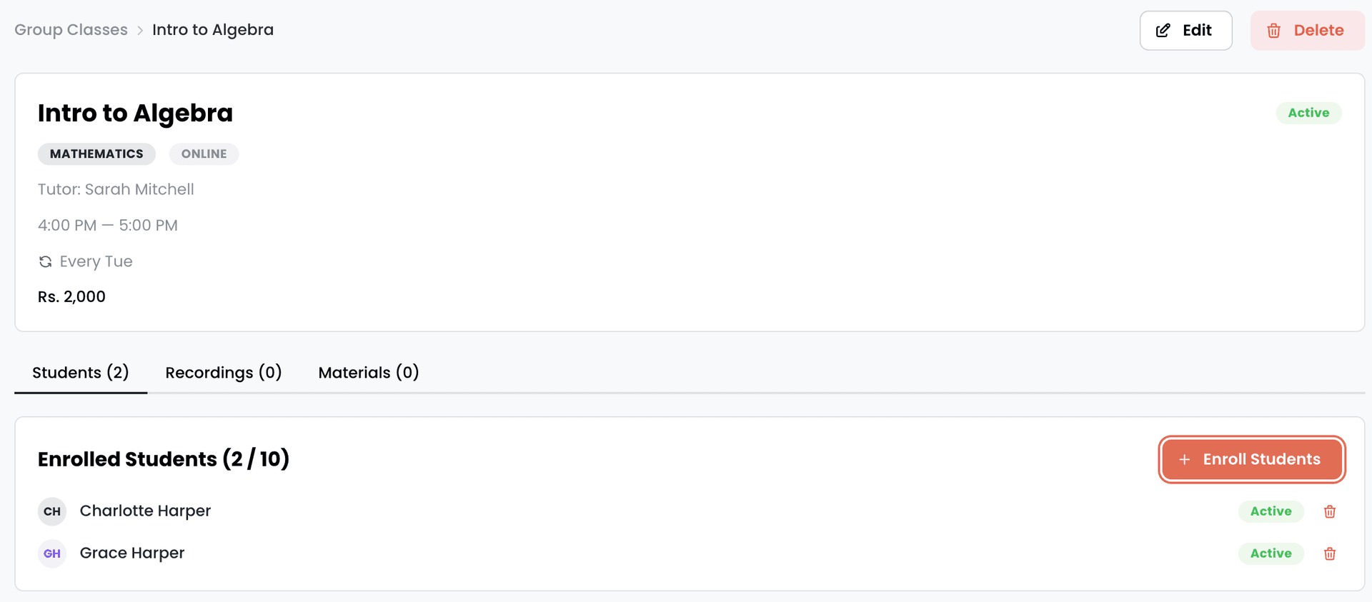 EdTech Global group class page showing enrolled students with verified access