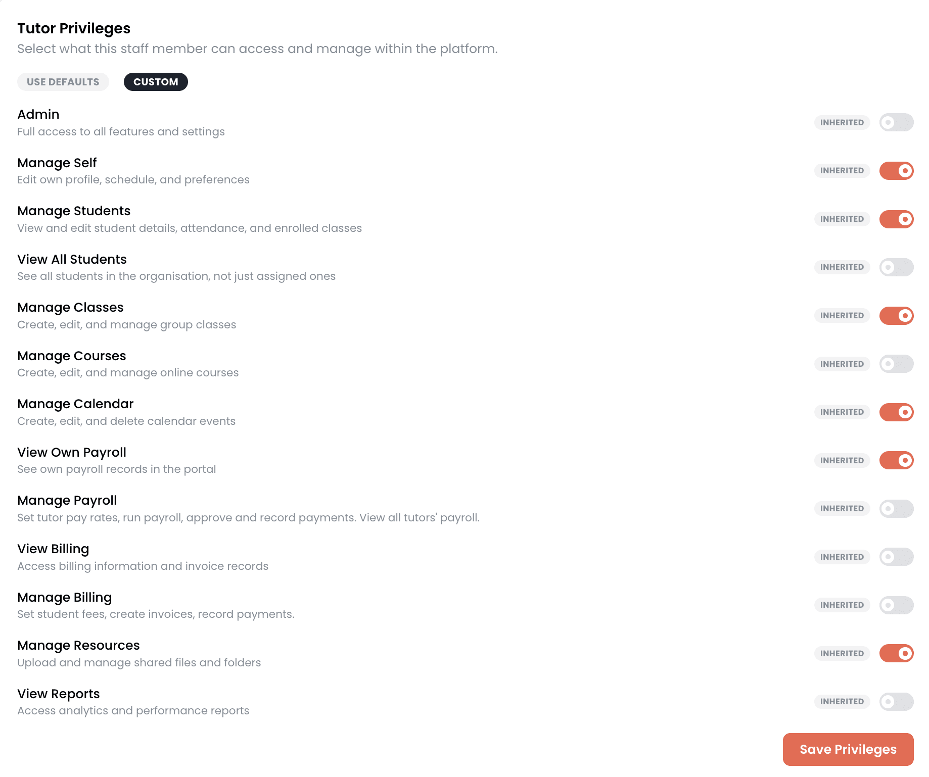 EdTech Global Tutor Privileges page showing granular permission toggles for staff members