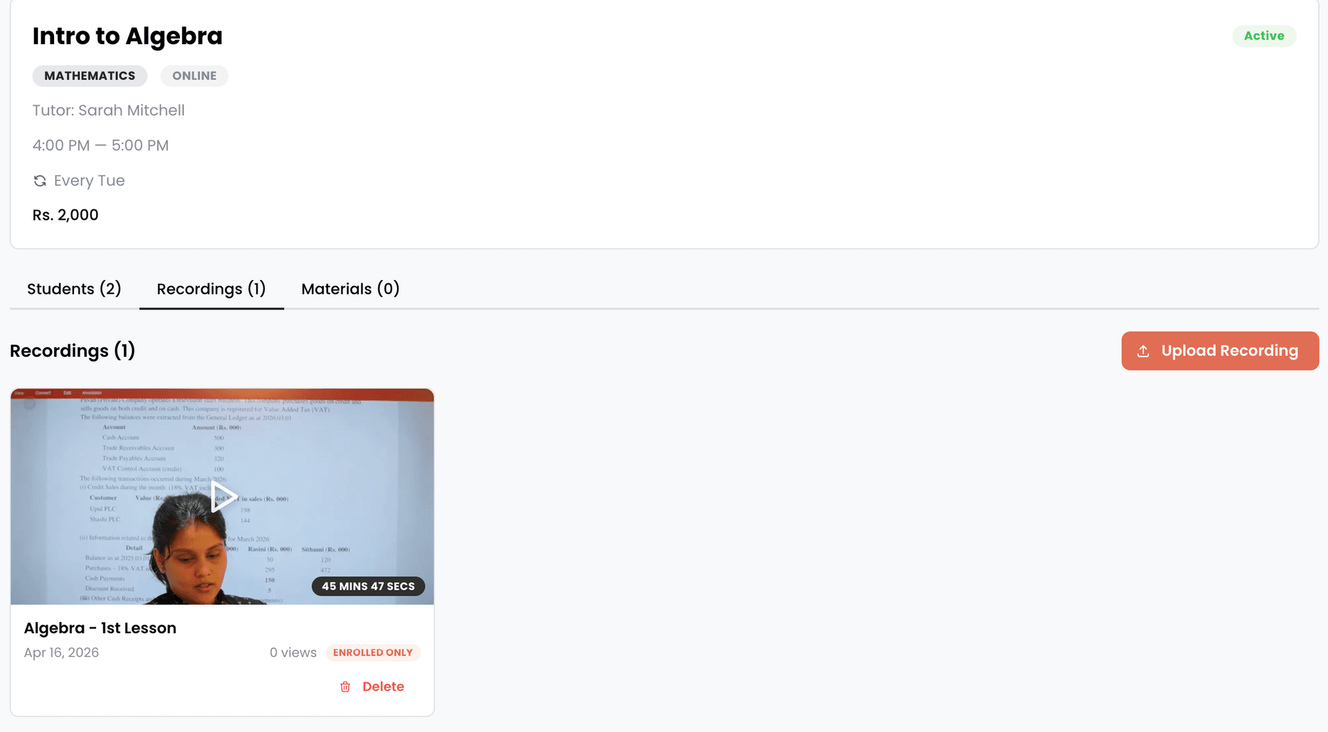 EdTech Global recordings page showing Algebra - 1st Lesson with enrolled-only access