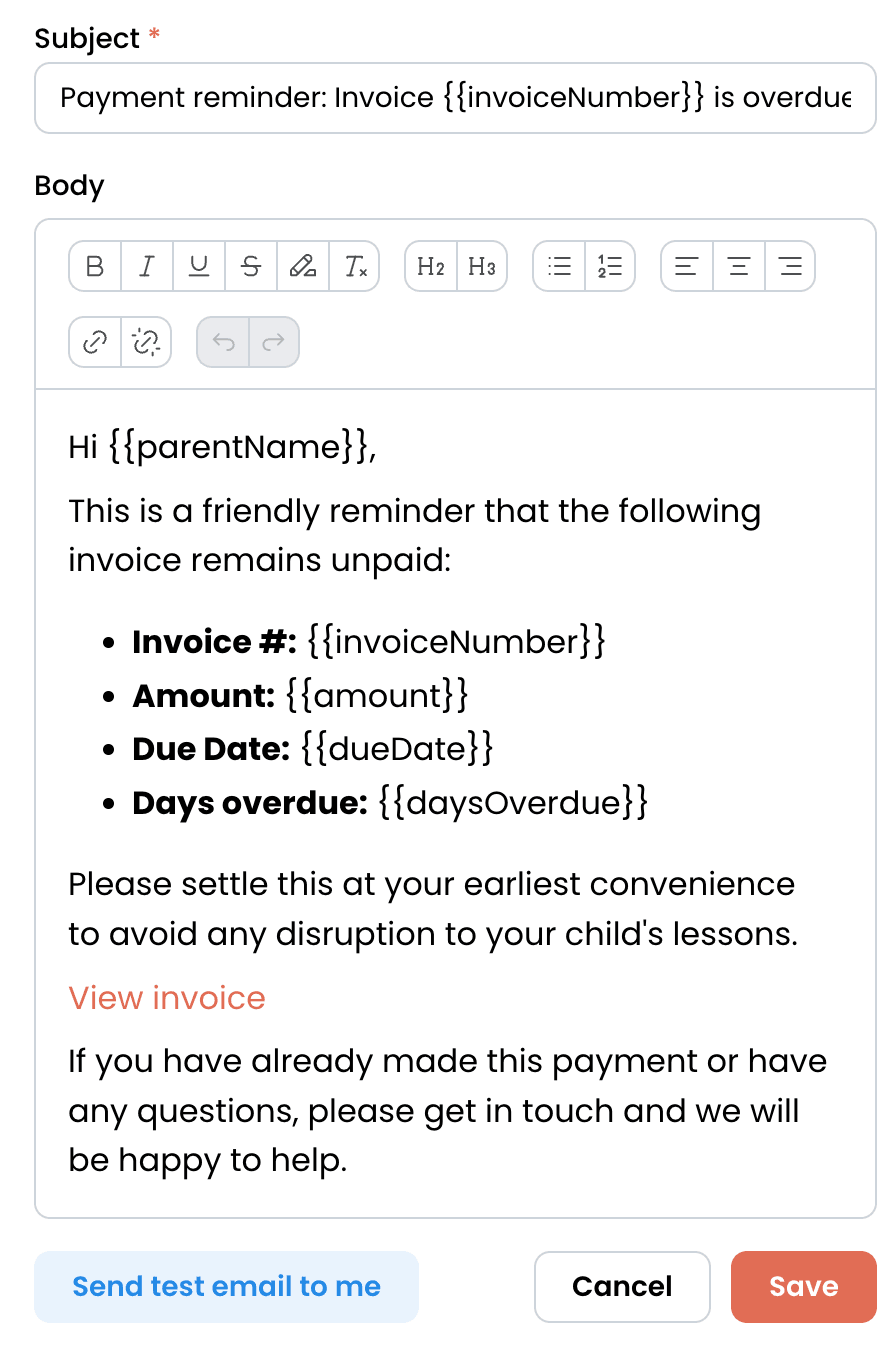 EdTech Global payment reminder email template editor
