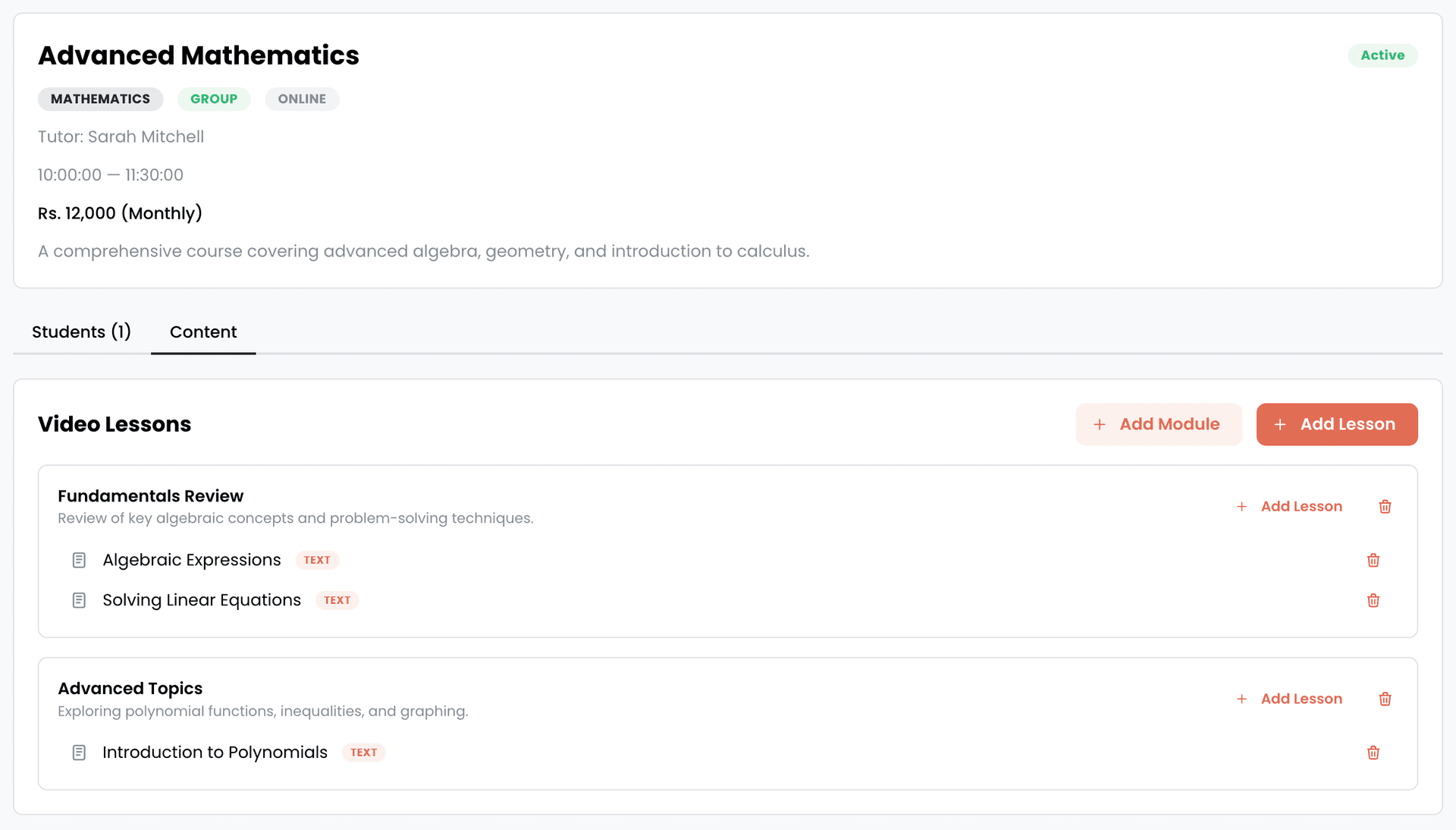 EdTech Global course content page showing video lesson modules for Advanced Mathematics
