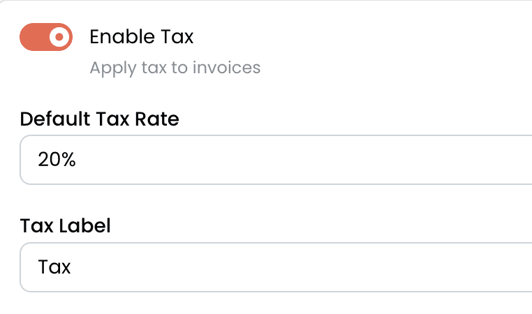 EdTech Global tax settings showing Enable Tax toggle and 20% default rate